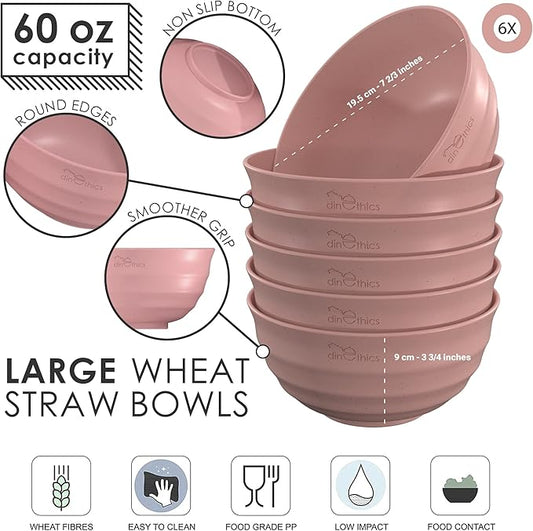6 Wheat Straw Bowls 60 OZ - Microwave Safe Bowls - Big Bowls For Kitchen - Extra Large Cereal Bowls - Large Soup Bowls Set Of 6 - Replace Large Plastic Bowl - Deep Bowls For Soup Salad Rice