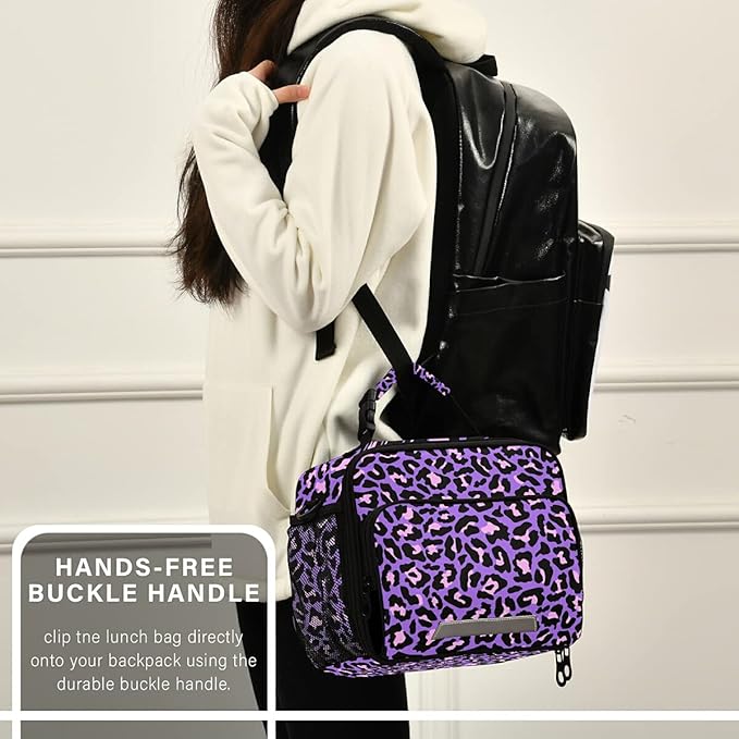 MNSRUU Student Lunch Bag Neon Purple And Pink Leopard Insulated Lunch Totes Picnic Bag Lunch Box with Adjustable Shoulder Strap for Teen Kids Adults