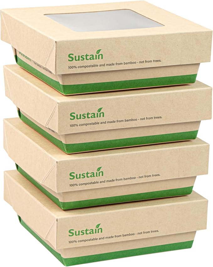 Restaurantware-13 Ounce Sturdy Paper Take Out Boxes, 200 Disposable Take Out Food Containers - With PLA lining, Paper Lid With Clear PLA Window, Bamboo Paper Containers, Compostable, Greaseproof
