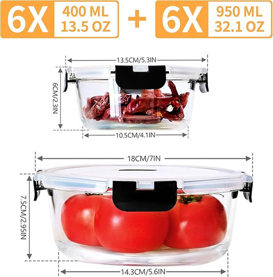 24 Piece (12 Food Storage Containers and 12 Lids),13.5+32.1 OZ Black Glass Storage Containers With Lids,Round Glass Meal Prep Containers,Microwaveable,Meal Preparation,Storage Containers