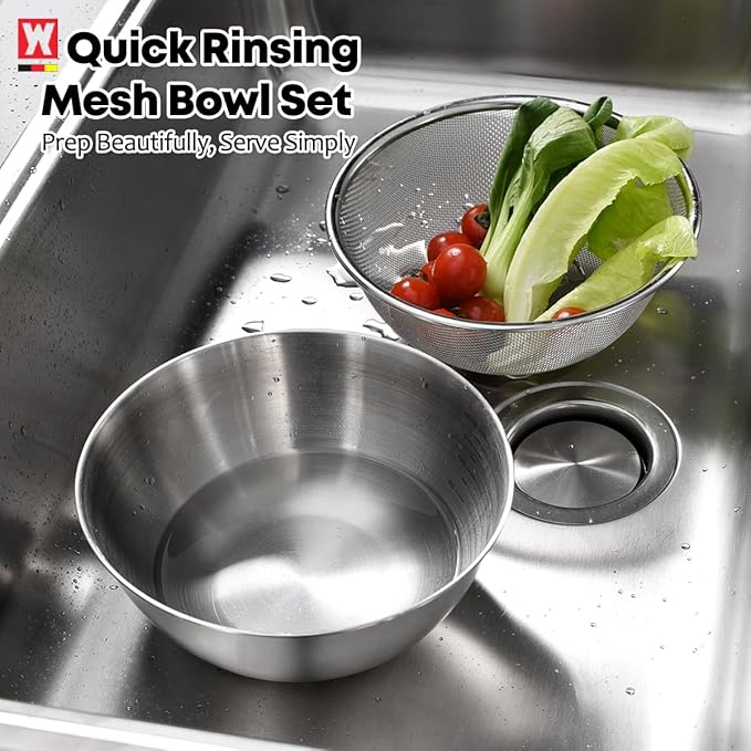 Stainless Steel Mixing Bowl and 3-Legged Colander Set, Multipurpose Kitchen Basket with Fine Mesh Colander, Salad Mixing Bowl with Strainer, Rinsing Vegetables & Fruits (22cm / 8.66")