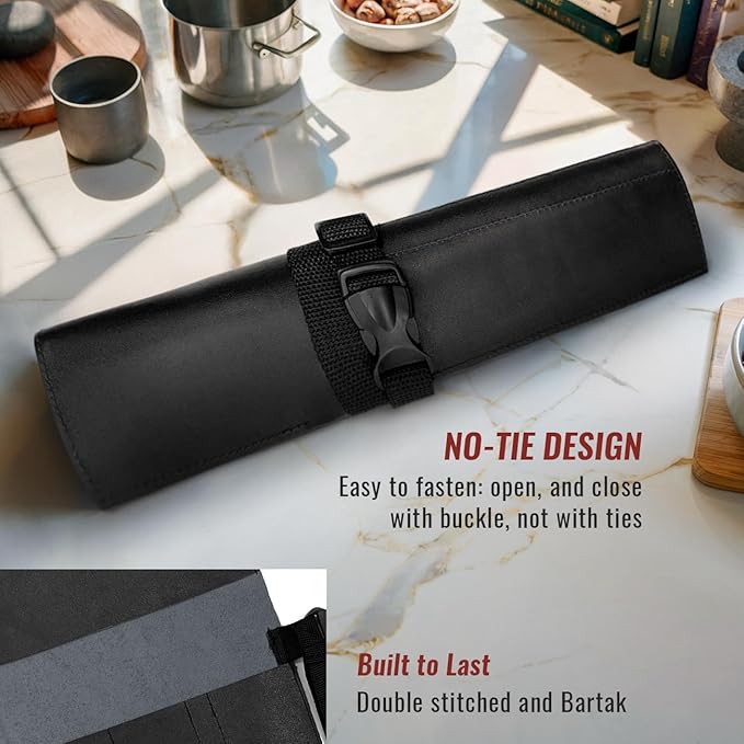Under NY Sky Genuine Leather Knife Roll Case - 3 Slots - Real Leather Pouch - Portable Bag for Cooking Tools, Utensils, Cutlery Knives, Brushes - Chefs, Kitchen, Travel, Gift - Black L