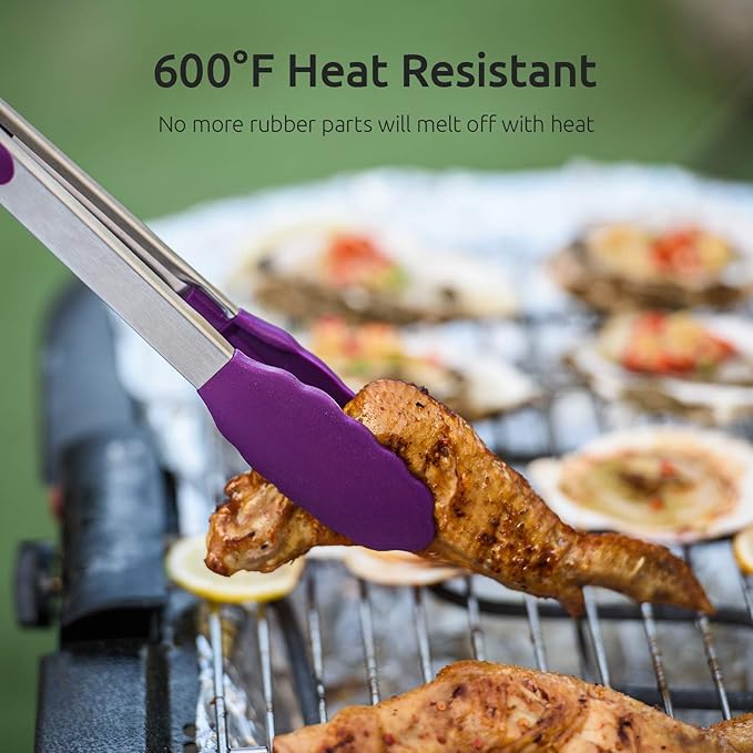 U-Taste 600°F Heat Resistant Silicone Kitchen Tongs, 18/8 Stainless Steel Measuring Cup and Spoon Set of 10, Stainless Steel Offset Icing Spatula Set (Purple)