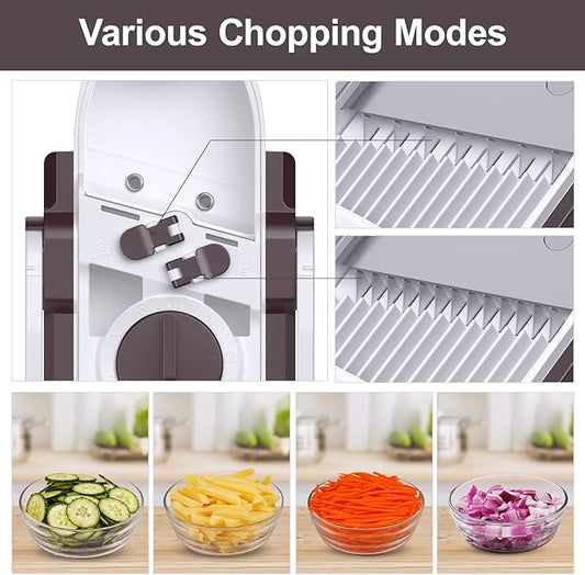 Safe Mandoline Slicer for Kitchen, Adjustable Thickness 0.1-8 mm, 5 in 1 Multi Vegetable Chopper, Potato Slicer, Food Chopper French Fry Cutte, with Paring Knife/Cleaning Brush, Mandolin (Brown)