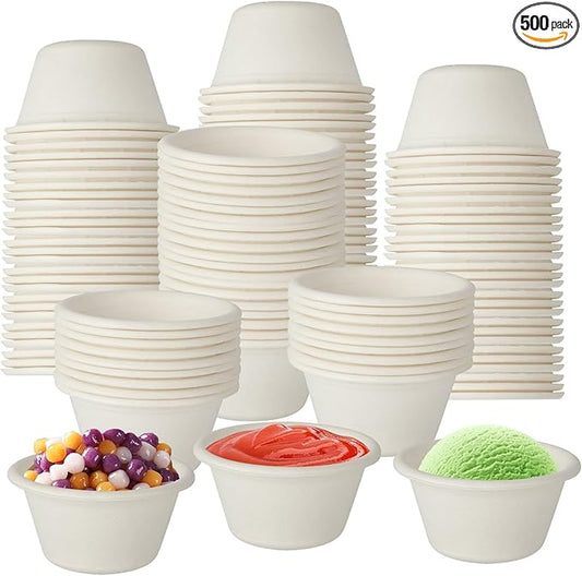 HNBun 500pcs 2oz Disposable Bagasse Fiber Souffle Cups, Natural Compostable Portion Cups Mini Food Sample Cups Tasting Cups for Condiment,Food Tasting,Medicine, White