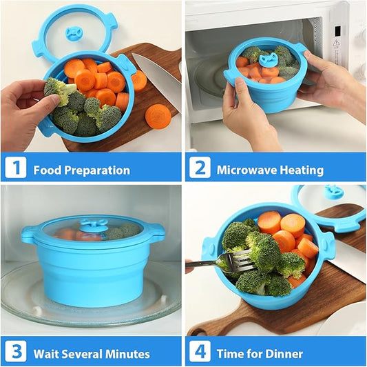 Collapsible Silicone Microwave Cookware Cooker Steamer for Cooking with Lids, 0.8L Glass Food Storage Container Sealed Bowl Mixing Bowls 2pc Set BPA Free