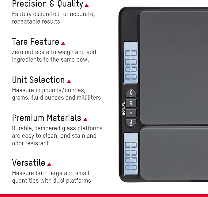 Taylor Dual Platform Food Kitchen Scale, Digital Grams and Ounces for Weight Loss, Baking, Cooking, Meal Prep, Spices, and Coffee, Backlit Display, Glass Platforms, 15lb, and 16oz Capacity, Black