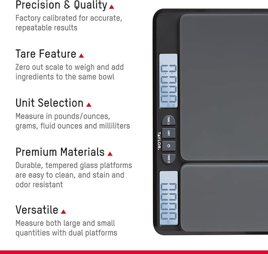 Taylor Dual Platform Food Kitchen Scale, Digital Grams and Ounces for Weight Loss, Baking, Cooking, Meal Prep, Spices, and Coffee, Backlit Display, Glass Platforms, 15lb, and 16oz Capacity, Black