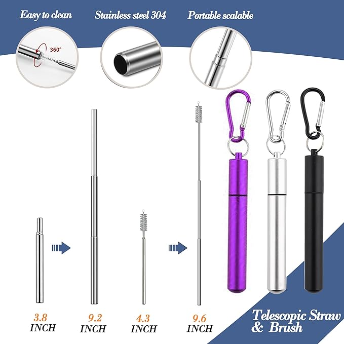 Portable Travel Reusable Utensils Silverware with Case,Travel Camping Cutlery set,Chopsticks and Straw Flatware, Stainless steel Travel Utensil set UP(Purple)
