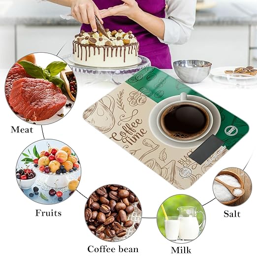 Food Scale Kitchen Digital Scale Food Ounces and Grams Dieting Baking Cooking Waterproof Glass Panels LCD Display,4 Units Scale Tare Function Coffee Time Wheat and Green