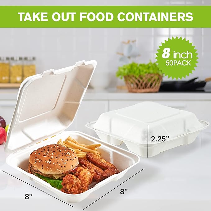 ECOLipak 50 Pack Clamshell Take Out Food Containers, 100% Compostable Disposable To Go Containers, 8X8 inch Heavy-Duty To Go Boxes for Food