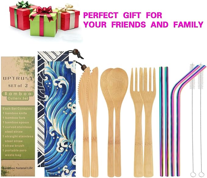 UPTRUST 2 Set Bamboo Cutlery Set Bamboo travel Utensils reusable bamboo utensils with case, 7.8 Inches Bamboo Knife, Fork, Spoon, 3 colors Metal Straw Portable Travel Set (Rainbow Straw)