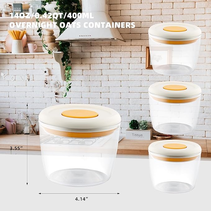 Tritan Oatmeal Jars, 4-Pack Shatterproof & Leakproof Overnight Oats Containers with Lids, 14oz Pop-Top Airtight Meal Prep Jars for Chia Pudding, Yogurt, Salad, Cereal, Orange