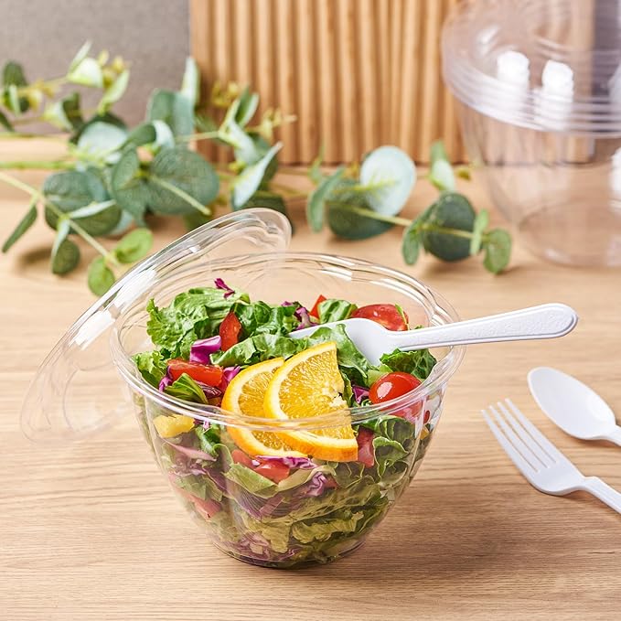 FULING [48 oz. 50 Sets Clear Plastic Salad Bowls with Airtight Lids Disposable To Go Mixing Containers Serving for Fruit, Quinoa, Lunch and Meal Prep