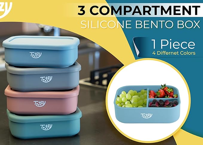 Premium 3-Compartment Silicone Bento Box 25 oz – Reusable, Leakproof, BPA-Free – Microwave & Dishwasher Safe – Food Container for Kids, Adults & Pets – Great for School, Office, Travel & Walks (Gray)