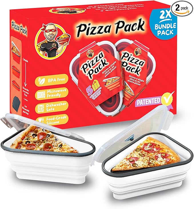PIZZA PACK The Perfect Reusable Pizza Storage Container with 5 Microwavable Serving Trays - BPA-Free Adjustable Pizza Slice Container to Organize & Save Space, 2 Pack, White