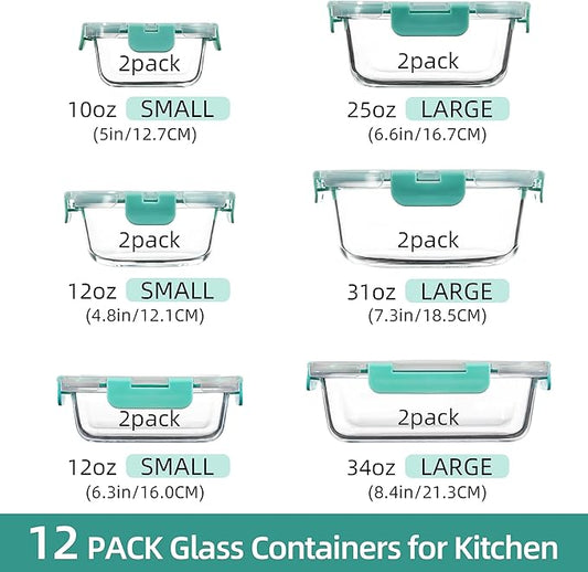 24-Piece Glass Food Storage Containers - Airtight Snap Locking Lids, See-through Borosilicate Glass Meal Prep Containers, Great On-The-Go Glass Lunch Boxes, Fridge, Microwave, Dishwasher Safe