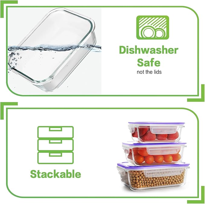HOMBERKING Glass Food Storage Containers with Lids, [18 Piece] Glass Meal Prep Containers, Airtight Glass Lunch Bento Boxes, BPA-Free & Leak Proof (9 lids & 9 Containers) - Purple