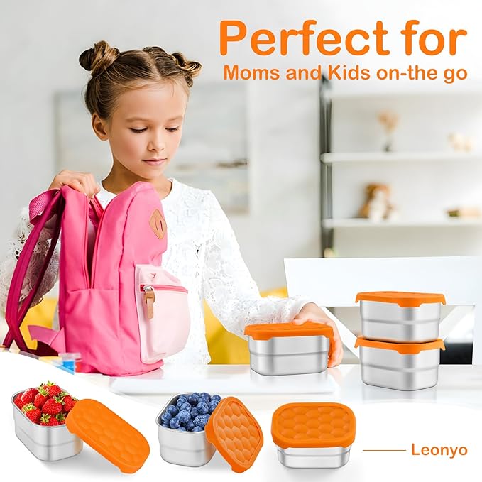 Leonyo 18/10 Stainless Steel Snack Containers for Kids and Toddlers, 8oz Lunch Containers with Silicone Lids, Metal Toddler Lunch Box for Daycare and School, Easy Open Leak Proof