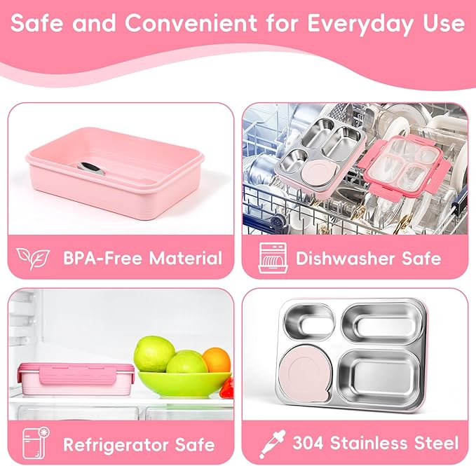 36-oz Lunch Box Containers Stainless Steel Bento Box for Adults with 4-Compartment Snack Tray, Soup Bowl with Lid & Metal Spoon, Dishwasher Safe, Easy to Carry, Pink