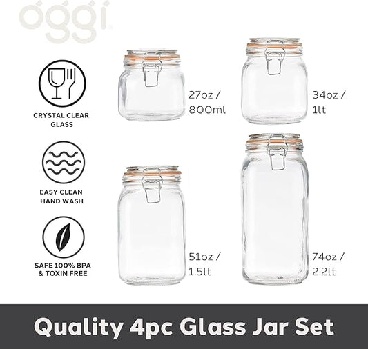 OGGI 4 Piece Airtight Glass Storage Containers Set - Includes 4 Glass Kitchen Canisters with Clamp Lids & Silicone Seals - Farmhouse Kitchen Décor, Kitchen Storage, Pantry Storage, Food Storage