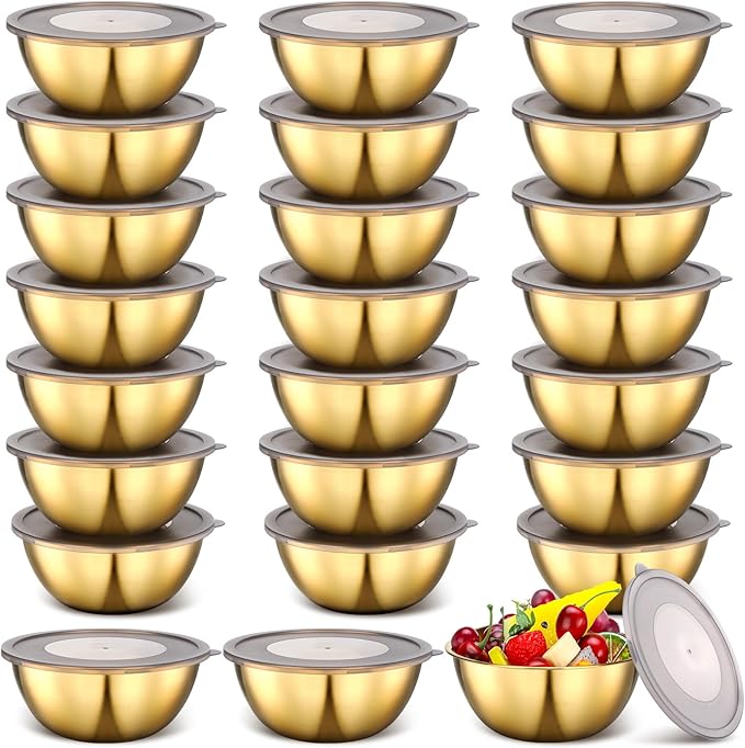 Nuogo 24 Pcs Gold Stainless Steel Mixing Bowls with Airtight Lids 6.7 Inch Gold Esthetician Bowls for Ramadan Serving Facial Salad Fruit Snack Soup Cereal Wedding Party
