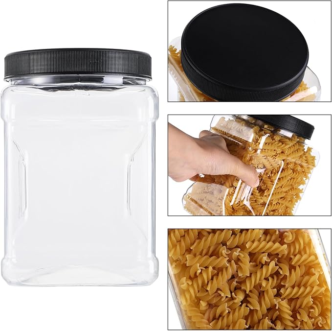 Lawei Square Plastic Jars with Lids - Clear Empty Storage Containers for Food Storage, Plastic Food Jars with Easy Grip Handles for Dry Goods Cookies Rice and More (6 Pack 60 Oz)
