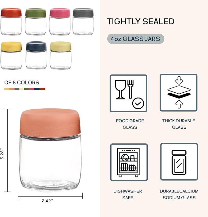 4 OZ Glass Food Jar Storage Containers with Airtight Lids, Reusable Wide Mouth Overnight Oats Glass Mason Jars for Snacks Yogurt Pudding(Multicolor 8pack)