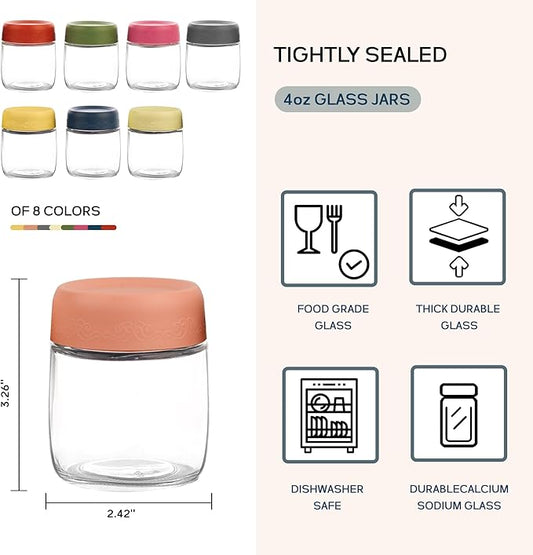 4 OZ Glass Food Jar Storage Containers with Airtight Lids, Reusable Wide Mouth Overnight Oats Glass Mason Jars for Snacks Yogurt Pudding(Multicolor 8pack)