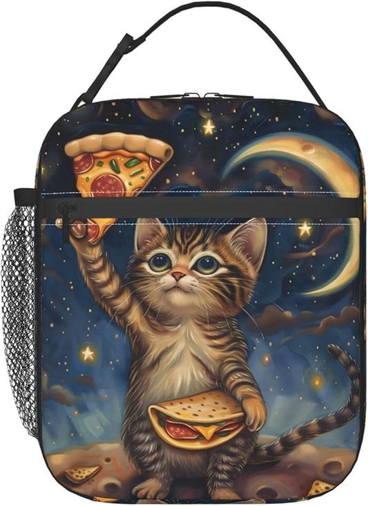 Insulated Lunch Box for Kids Boys Girls, Reusable Lunch Bag for School, Office, Work, Picnic, Travel, Cute Cosmic Cat Pizza Lunch Box