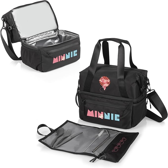 PICNIC TIME Disney Minnie Mouse Tarana Lunch Bag Cooler with Utensils Made from Recycled Material, Lunch Box with Picnic Set, Upcycled Lunch Cooler Bag, (Carbon Black)