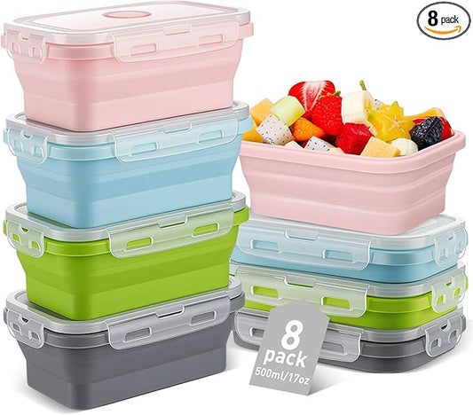 Mifoci Set of 8 Silicone Collapsible Food Storage Containers 17 oz Collapsible Meal Container Square Bowl with Vent Lids, Microwave, Freezer and Dishwasher Safe (Blue, Gray, Pink, Green)