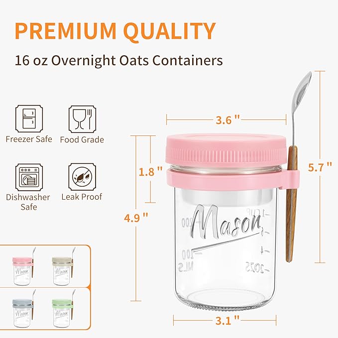4 Pack Overnight Oats Containers with Lids and Spoons, 16 oz Mason Jars with Removable Separate Compartments, Airtight and Leak-Proof Glass Jars for Chia Pudding, Yogurt, and Oatmeal