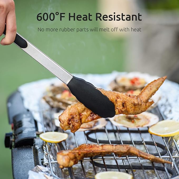 U-Taste 600ºF High Heat-Resistant Non-Stick Kitchen Cooking Tongs, and Upgraded Measuring Cups and Spoons Set of 10 with Reinforced Welded Handle (Black)