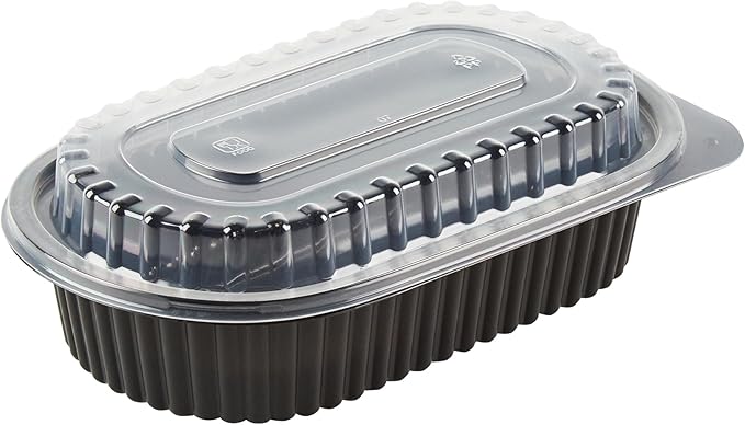 RW Base 32 Ounce Meal Prep Containers, 50 Microwavable To Go Containers With Lids - Disposable, Freezable, Black Plastic Oval Food Containers, Pack Hot And Cold Food, For Takeaway - Restaurantware