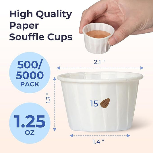 [500 Pack] 1.25 oz Treated Paper Souffle Portion Cups for Condiments Samples Measuring Jello Shots Sauce Disposable Cup - White