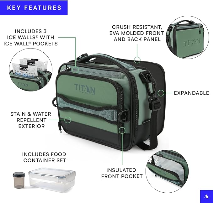 Arctic Zone Titan Fridge Cold Crush Resistant Expandable Lunch Bag - With Reusable Gel Ice Packs Plus Food Container Set - Gray and Blue