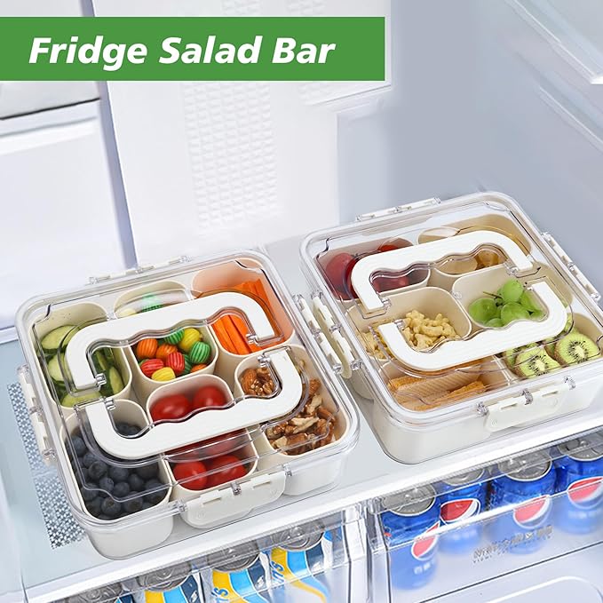 Divided Serving Tray with Lid and Handle, Portable Snack Box Container, 6 Compartments Veggie Fruit Snackle Tray, Small Charcuterie Platter Box Container for Party, Travel, Entertaining,Picnic