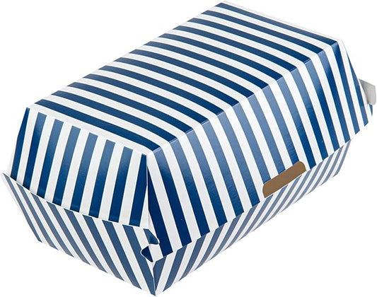 Restaurantware Bio Tek 6.7 x 3.5 x 3.5 Inch Clamshell Food Containers 100 Disposable Sandwich Containers - Hinged Lid Tab-Lock Closure Blue And White Paper Hot Dog Containers Greaseproof