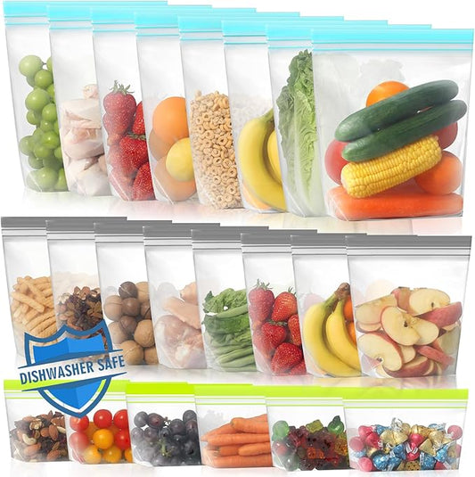 Lerine 22 Pack Reusable Freezer Bags Dishwasher Microwave Safe, Stand Up BPA Free Reusable Sandwich Bags, Silicone Free Leakproof Food Storage Bags for Meal Prep - 8Gallon 8Sandwich 6Snack