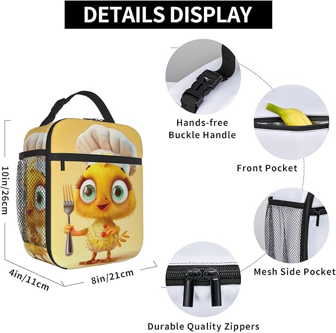 Insulated Lunch Box for Kids Boys Girls, Reusable Lunch Bag for School, Office, Work, Picnic, Travel, Cute Yellow Chicken Lunch Box