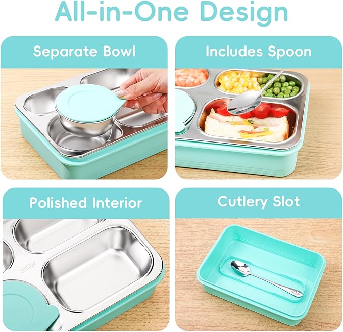 36-oz Lunch Box Containers Stainless Steel Bento Box for Adults with 4-Compartment Snack Tray, Soup Bowl with Lid & Metal Spoon, Dishwasher Safe, Easy to Carry, Green