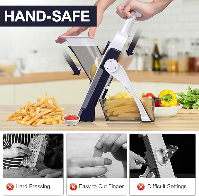 5 in 1 Safe Mandoline Slicer for Kitchen, Safe Vegetable Chopper with Paring Knife, Adjustable Thickness, Easy to Clean, Vegetable Slicer, Slicing, Strips, Shredding, Dicing, Chop (DarkBlue)