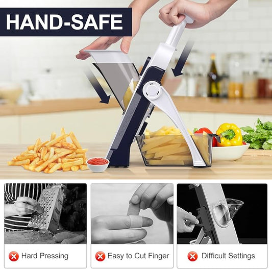 5 in 1 Safe Mandoline Slicer for Kitchen, Safe Vegetable Chopper with Paring Knife, Adjustable Thickness, Easy to Clean, Vegetable Slicer, Slicing, Strips, Shredding, Dicing, Chop (DarkBlue)