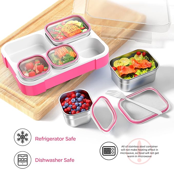 DaCool Stainless Steel Lunch Box Bento for Kids Adults Leakproof BPA-Free Metal Lunch Containers Tray 5-Compartment with Fork for Girls Food Snack Containers for School Outdoors, Pink