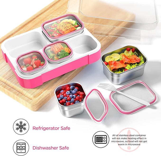 DaCool Stainless Steel Lunch Box Bento for Kids Adults Leakproof BPA-Free Metal Lunch Containers Tray 5-Compartment with Fork for Girls Food Snack Containers for School Outdoors, Pink