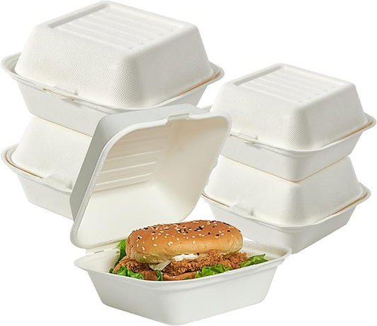 ECOLipak 200 Pack Clamshell Take Out Food Containers, 100% Compostable Disposable To Go Containers，6 * 6 inch To Go Boxes for Salad, Cake,Sandwiches
