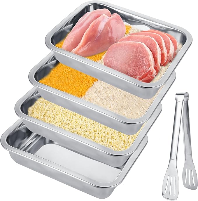 4 Pcs Breading Pans with Tong, Stainless Steel Breading Trays, High Sided Food Prep Trays for Preparing Schnitzel, Panko, Bread (10.63 x 7.87 x 2.75 Inches)