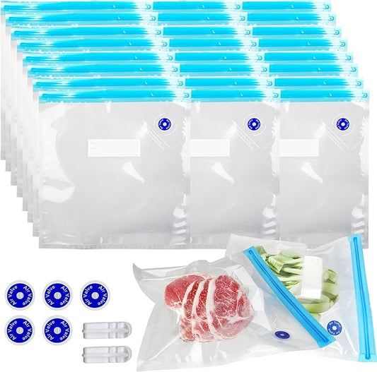 Sous Vide Bags 24 Pcs, 11x10 inches Reusable Vacuum Sealer Bags, Vacuum Food Storage Bag for Cooking, Food Storage, and Microwave Heating, with 2 Seal Clips & 5 Air Valves