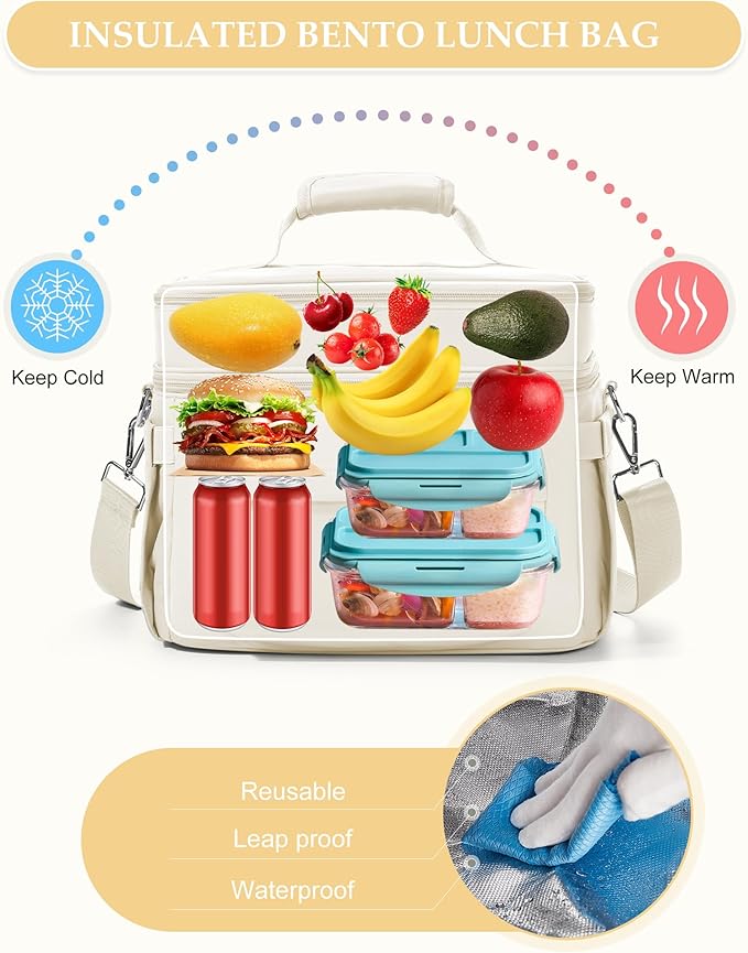 Lunch Box Women Insulated Lunch Bag Men Expandable Waterproof Leakproof Lunch Boxes Large Lunch Tote Cooler Bag for Work with Water Bottle Holder Beige